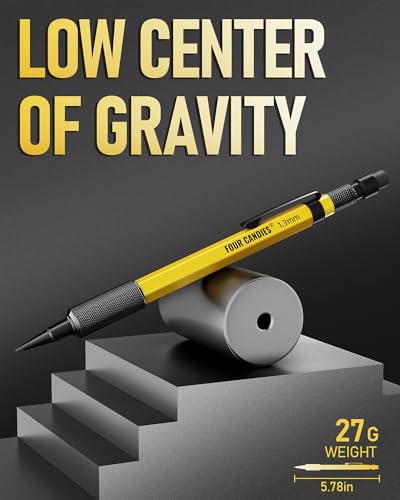 Four Candies 1.3mm Mechanical Pencil Set with 24 Lead Refills, Metal Weatherproof Heavy Duty Outdoor Carpenter Pencil, Eraser, 6 Eraser Refills for Architect Drafting Woodworking Marking with Case - size: 1-Pack, style: Yellow