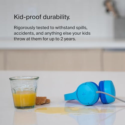 Belkin SoundForm Mini Kids Wired Headphones with Built-in Microphone & Fun Stickers, 85dB Safe Volume Limit – for Online Learning, Travel, Compatible w/iPhone 15, iPad, Galaxy S23, & More - Blue - color: Blue, style: Wired