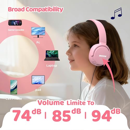 MIDOLA Headphones for Kids Bluetooth 5.4 Wireless 68H Play Time Volume Limit 85/94dB Over-Ear Foldable Headset,with Mic Wired Aux for Toddler Child Boy Girl School Pad Tablet Pink - color: Pink