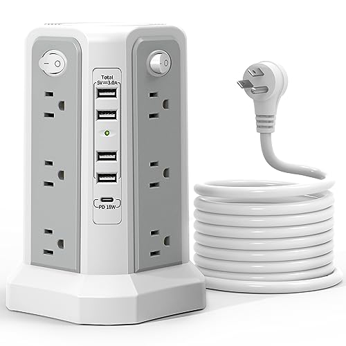 Surge Protector Power Strip Tower (13A 1625W) with 5 USB Ports (1 PD 20W), Extension Cord 10FT with 12 Multiple Outlets, Overload Protection Charging Tower for Home Office Dorm Room Essentials - style: Gray-13A-4A1C