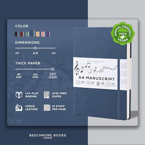 Beechmore Books Blank Sheet Music Notebook – A4 8.5"x11.5" for Songwriters, Musicians & Composers, 156 Thick 120gsm Pages, 10-Staff Perforated Sheets, Vegan Leather Hardcover, Elastic Closure, Gift Box - color: Symphony Blue