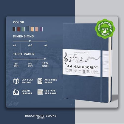 Beechmore Books Blank Sheet Music Notebook – A4 8.5"x11.5" for Songwriters, Musicians & Composers, 156 Thick 120gsm Pages, 10-Staff Perforated Sheets, Vegan Leather Hardcover, Elastic Closure, Gift Box - color: Symphony Blue