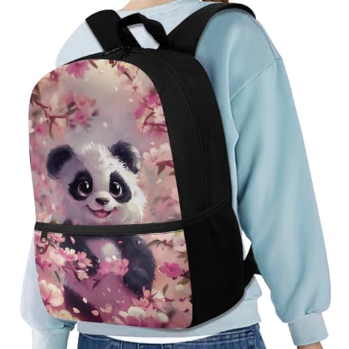 Cherry Blossom Panda Backpack for Girls Kids Backpack with Lunch Box Water Bottle Carrier and Aesthetic Pencil Case 4PCS Set Bookbag with Front Pocket for School 17 inch Large Cute School Bag - color: Cherry Blossom Panda
