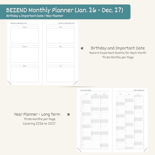 BEZEND Pocket Monthly Planner 2026-2027 (3.5" x 6.5") 2 Year Calendar Book for Purse with Note Pages, 100 GSM Paper, Inner Pocket, Pen Holder, Vegan Leather Hardcover in Lavender - color: Lavender, size: Pocket 3.5" x 6.5"