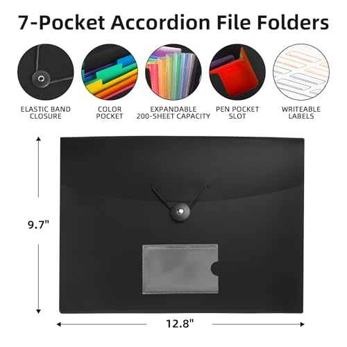 3 Pack 7 Pocket Accordian File Organizer, Expanding File Folder with Labels, Plastic Expandable File Folder for Documents Letter Size A4 Papers - size: 3 Pack 7 Pocket