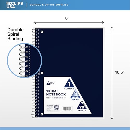 E-CLIPS USA Graph Paper Notebook, Spiral Graph Paper Notebook, Grid Notebook, Quad Ruled Notebook, 8 x 10.5, 4 x 4 Square Per Inch, (6 Pack) - size: 6 Pack
