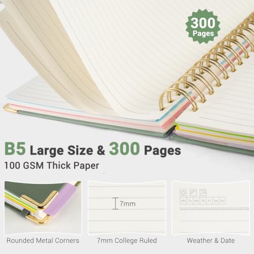 Hardcover Spiral Journal Notebook, 300 Pages 5 Subject Notebook College Ruled with Removable Dividers Tabs, 8" x 10" Notebooks for Work, Spiral Ruled Lined Writing Journal Hardcover Leather Notebook for School (Matcha Green, 8''x 10'') - color: Matcha Gre