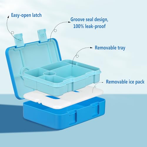 JOOPETALK Chill Bento Lunch Box for Kids Adult with Ice Pack,6-Compartment Reusable Leak-proof Lunch Container for Girls Boys to School,Keep Food Cold&Fresh,Dishwasher & Freezer Safe - color: Blue