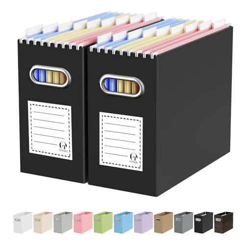 Oterri Portable Collapsible Cardboard File Box with Handle for Letter-Size | 2-Pack. Stainless Steel Handle. Label Stickers Included. Fits Letter Folders (Not Included). Home, Office, School, Dorm, Tax. - color: Black, size: Letter Size - 2 Packs