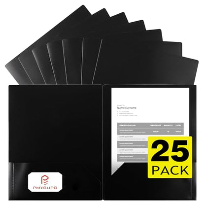 pmybupo 25 Pack Black 2 Pocket Folders,Heavy Duty Plastic Folders for Letter Size Paper,Heavy Duty Poly,Long Lasting,Includes Labels. - color: Black