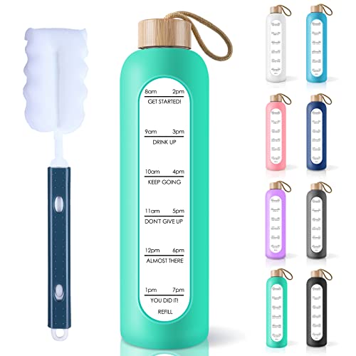 PROBTTL 32 Oz Borosilicate Glass Water Bottle with Time Marker Reminder Quotes, 1 Liter Leak Proof Reusable BPA Free Motivational Water Bottles with Silicone Sleeve and Bamboo Lid (Aqua) - color: Aqua, size: 32 Ounces