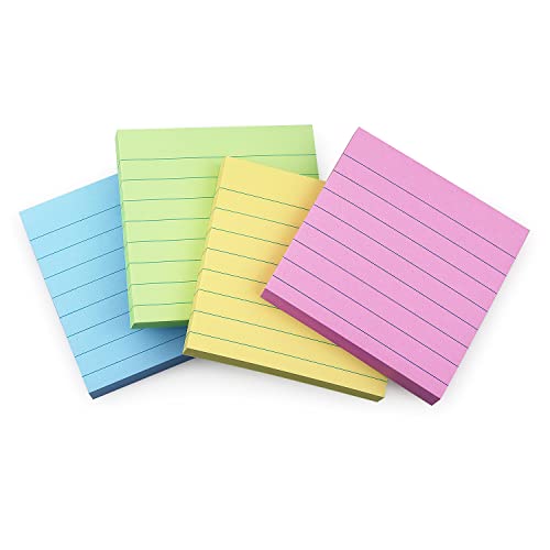Lined Sticky Notes 3x3in, Self-Adhesive, 4 Pads, 90 Sheets/Pad, Pastel | Strong Self-Stick Adhesive, Sticks Securely and Peels Cleanly - color: Pastel