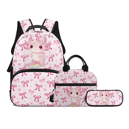 Kids Backpack Set,Axolotl Print Multiple Compartment Kids Bookbag Set with Insulated Lunch Bag & Pencil Case for Elementary Girls - color: Pink Bows-axolotl Print