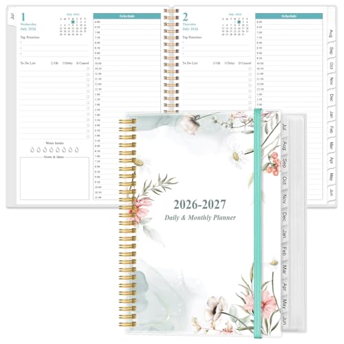 Daily Planner 2026-2027 Full Page Per Day- 2026-2027 Daily & Monthly Planner from July 2026 to June 2027, Day Planner 2026-27 with 12 Months Tabs, 8.5" x 11", Pink Flowers - color: Pink Flowers, size: 8.5" x 11"