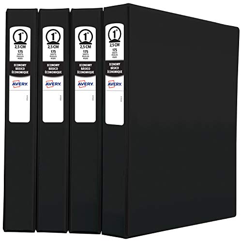 Avery Economy 3 Ring Binders, 1" Round Rings, 4 Black Binders (03301) - size: 1", style: 4 Pack