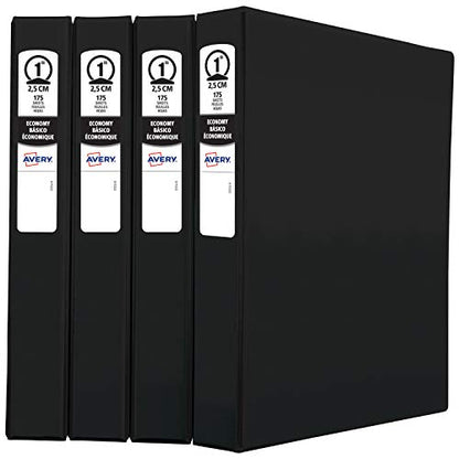 Avery Economy 3 Ring Binders, 1" Round Rings, 4 Black Binders (03301) - size: 1", style: 4 Pack