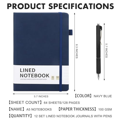 Aodaer 12 Set Lined Notebook Journals with Pens A5 Notebooks 100 GSM College Ruled Hardcover Notebook PU Leather Notepad with Pen Holder for Office School, 5.7 x 8.3 Inches, Navy Blue - color: Navy Blue