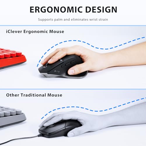 iClever Bluetooth Mouse, Wireless Large Mouse, Multi-Devices Dual Mode, Ergonomic Mice with 5 Adjustable DPI and 7 Buttons, Rechargeable Silent Mice for Laptop, iPad, MacBook, Tablet, PC, Black Grey - color: Black-Silver