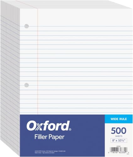 Oxford Filler-Paper, 8 x 10-1/2 Inch Wide Ruled Paper, 3 Hole Punch, Loose Leaf Notebook Paper for 3 Ring Binders, (62330), white (Pack of 2500) - size: Pack of 2500