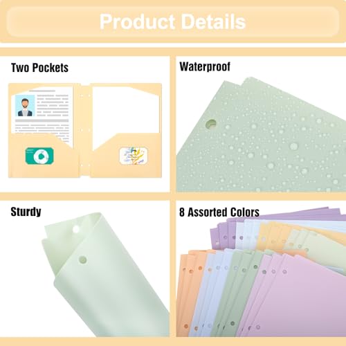 EOOUT 24pcs 3 Hole Punch Folders with 2 Pockets, Plastic File Folders for 3 Ring Binder, with Pocket and 2 Card Slots, Heavy Duty Poly Folders for School Office Supplies - color: Pastel, style: 24pcs