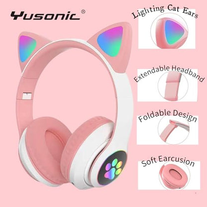 Cat Ear Bluetooth Headphones for Kids & Adults, Wireless Foldable & Wired Multi-Function LED Light Up Over Ear Headphones with Mic and Volume Control for iPhone/iPad/Laptop/PC (White 2) - color: white 2