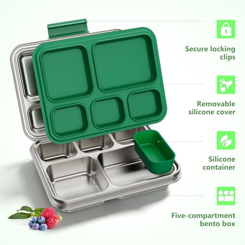 Pawtong Stainless Steel Lunch Box, 5-Compartment Bento Lunch Box for Kids & Adults,Metal Lunch Box with Removable Silicone Container, Lunch Box Containers for School,Office(Green) - color: Green