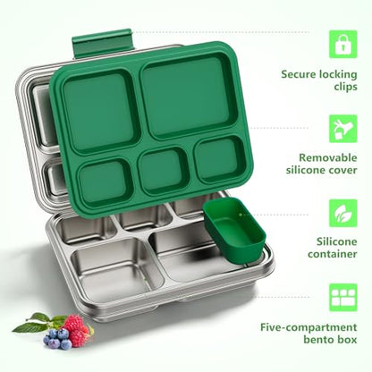Pawtong Stainless Steel Lunch Box, 5-Compartment Bento Lunch Box for Kids & Adults,Metal Lunch Box with Removable Silicone Container, Lunch Box Containers for School,Office(Green) - color: Green