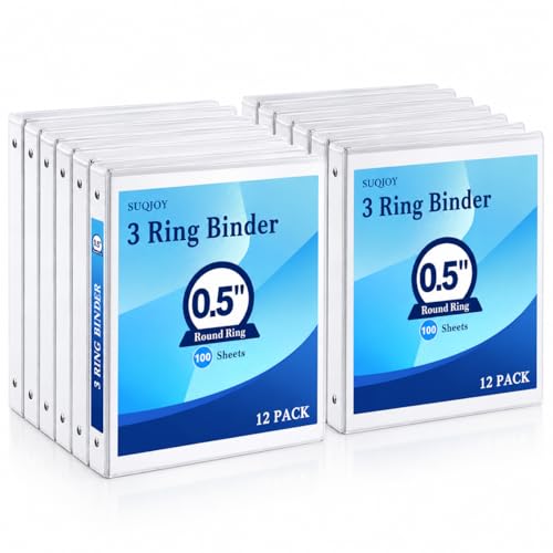 Durable 1/2 Inch 3-Ring Binder, 0.5-inch Round Ring Binder with 2 Inside Pockets, 12 Pack White Binders, Clear View CoverBinder Holds 8.5'' x 11''Paper for Office/Home/Back to School - color: White, size: 0.5 Inch, style: 12pack