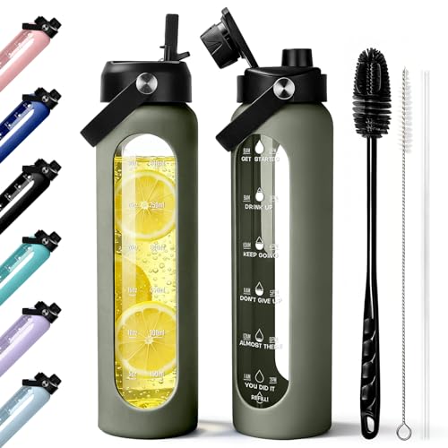 Aqulea 32 oz Glass Water Bottle with 2 Lids – Spout & Straw Lids, 1L Motivational Borosilicate Glass Water Bottle with Time Marker & Silicone Sleeve, Leakproof (Sage) - color: Sage, size: 32 Ounces
