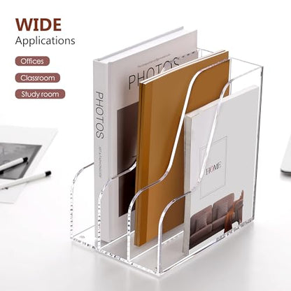 SANRUI Acrylic File Organizer, Compact Desk Organizer for Folders, Binders, Notebooks, Envelopes, Clear Magazine File Holder, 3 Section Bookshelf for School Home Office Organization, A4 Size - size: A4,3 Sections