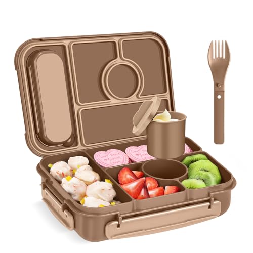 Amathley Bento Box Adult Lunch Box Kids,Lunch Containers for Adults/Kids/Toddler,5 Compartments Bento Lunch Box with Sauce Vontainers,Microwave & Dishwasher & Freezer Safe,BPA-Free (Brown) - color: Brown
