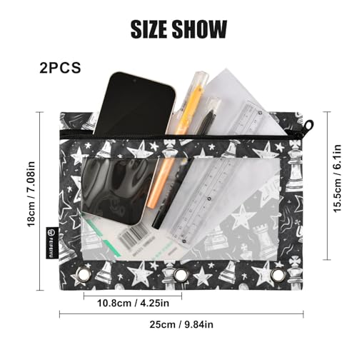 Binder Pencil Pouches Chess Pieces and Stars Pen Case | Clear Window 3 Rings, Cosmetic Bags School Office Supplies Cosmetic Makeup Bag 2 Psc - color: Chess Pieces and Stars