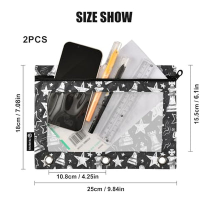 Binder Pencil Pouches Chess Pieces and Stars Pen Case | Clear Window 3 Rings, Cosmetic Bags School Office Supplies Cosmetic Makeup Bag 2 Psc - color: Chess Pieces and Stars