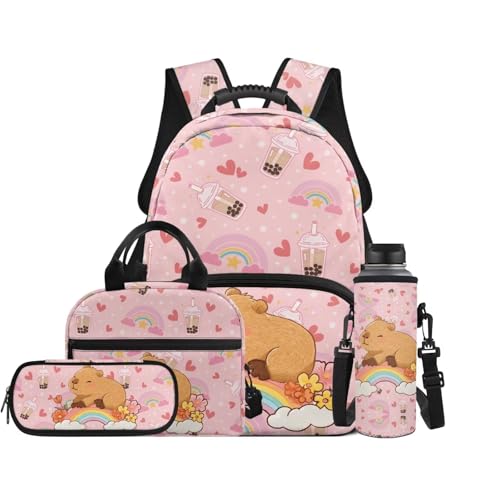 Capybara Backpack Set for Kids, 4 in 1 School Bag with Lunch Box, Pencil Case and Water Bottle Cover, for Primary School 2nd to 6th Grade Daily Activities - color: Boba Capybara Print