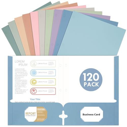 Folders with Pockets, 2 Pocket Folders Bulk (120 Pack, Assorted Colors), Paper Folders with Pockets 3 Hole Punched with Business Card Slot, Letter Size, File Folders for School Office Home - color: Pastel