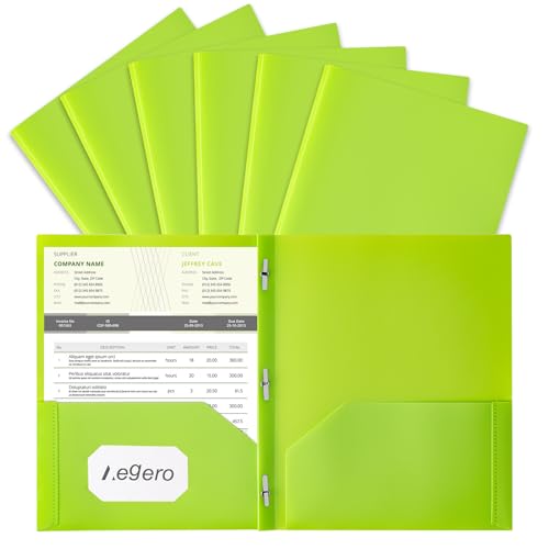 Aegero Folders with Pockets and Prong with Fasteners (6 Pack,Green),Durable Plastic Pocket Folders with Prongs,Tear Resistant,2 Pocket 3 Prong Folders for Schoolwork & Office,Letter Size - color: Green, size: 1 Set（6pack）