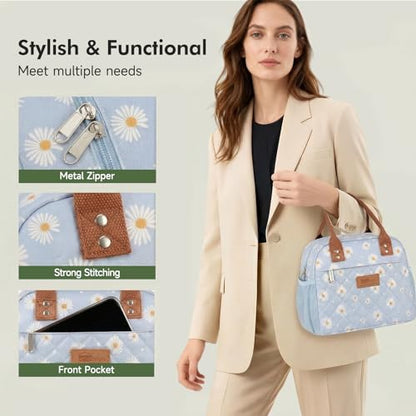 HOMESPON Insulated Lunch Bag for Women Men, Cooler Tote Box, Blue Daisy | Front Pocket, Side Mesh Pockets, Reusable, for Work, Picnic, Food Container - color: Blue Daisy