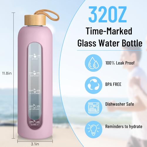 Sursip 32 oz Glass Water Bottle, Time Marker with Silicone Sleeve & Lid | 1 Liter BPA-Free Motivational Bottle, Leak-Proof Dishwasher Safe - color: Milky White