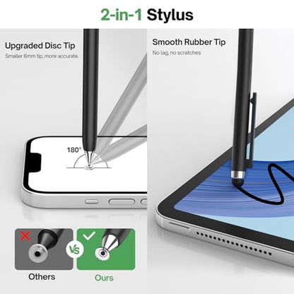 Stylus Pen for Touchscreen (2 Pack) - Mixoo 2-in-1 High Sensitivity Retractable Stylus with Smaller Disc Tip Universal Stylus for iPad iPhone Tablets Switch Capacitive Touch Screens (Black + White)