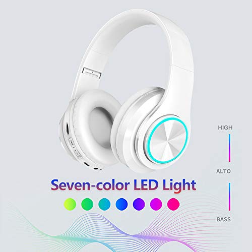 Bluetooth Over Ear Headphones, Deep Bass Colorful LED Lights Headphones with Mic, Lightweight Wireless Foldable HiFi Stereo Kids Headset for School Classroom/Home Travel/Office/PC/Cell Phone-White - color: White