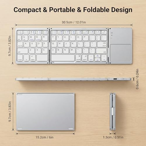 Bluetooth Foldable Keyboard with Touchpad, Tri-Fold Wireless Foldable Keyboard for iPad, Phone, Tablet, Auto Reconnect Portable Wireless Keyboard for Travel, Slim Magnetic Folding Keyboard Bluetooth - size: Silver With Touchpad