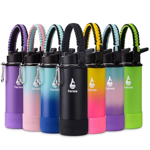 Farsea Insulated Water Bottle With Paracord Handle, Protective Boot and 2 Lids (Straw Lid & Spout Lid), Stainless Steel Water Bottle Wide Mouth, Double Wall Sweat-Proof BPA-Free, 18 oz - color: Black, size: 18 Ounces