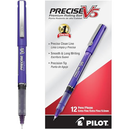 Pilot Precise V5 Rollerball Pens, Extra Fine Point 0.5 mm Purple Pens, Purple, Pack of 12 - Ideal for School, Journaling & Office Writing - color: Purple, size: 12 Count (Pack of 1)