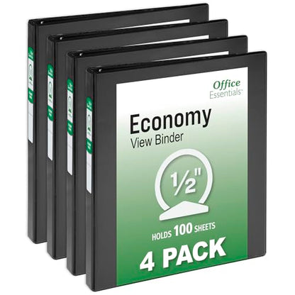 Office Essentials Economy View 3 Ring Binders, 0.5" Round Rings, 0.7" Spine, 100-Sheet Capacity, Black Binders (4-Pack of 03125) - size: 0.5"