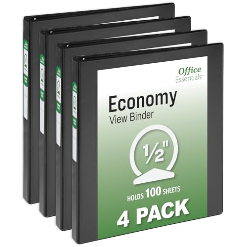 Office Essentials Economy View 3 Ring Binders, 0.5" Round Rings, 0.7" Spine, 100-Sheet Capacity, Black Binders (4-Pack of 03125) - size: 0.5"