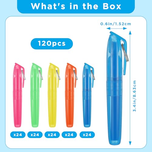 120 Pcs Mini Highlighters with Key Ring, 5 Vibrant Colors (Blue, Green, Yellow, Orange, Pink) – Compact, Quick-Dry & Portable Highlighter Pens for Learning, Office & Home