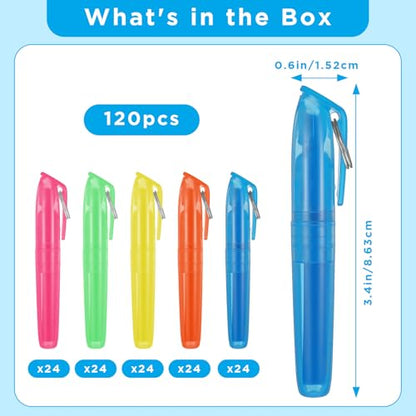 120 Pcs Mini Highlighters with Key Ring, 5 Vibrant Colors (Blue, Green, Yellow, Orange, Pink) – Compact, Quick-Dry & Portable Highlighter Pens for Learning, Office & Home