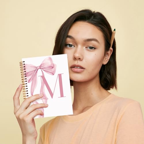 JXREQ Coquette Pink Bow Personalized Notebook, Initial Letter M Monogram Journal, Preppy Girly Ribbon Bow Journal, Monogrammed Gifts for Women, Aesthetic Spiral Notebook 5.5x8.3 - color: Mpink