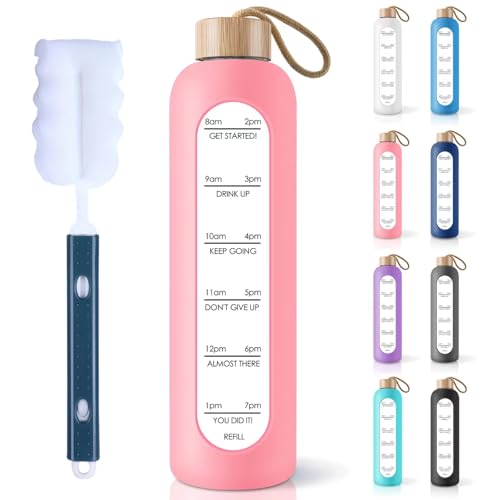 PROBTTL 25 oz Glass Water Bottles - Time Marker Motivational Borosilicate Glass Water Bottle With Silicone Sleeve and Bamboo Lid, Leak Proof, Reusable, BPA Free (Pink) - color: Pink, size: 25 Ounces