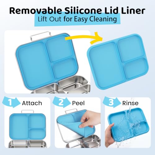 Pawtong Stainless Steel Bento Box for Kids and Adults, 3 Compartment Leakproof Lunch Box with Removable Silicone Seal and Silicone Contianer, Metal Lunch Container for School, Work and Travel (Blue) - color: Blue